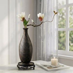 May include: A tall, dark brown, textured vase with a narrow neck sits on a black, ornate, carved wooden stand. A single branch with two white magnolia-like flowers and small buds extends from the vase. A white candle in a glass jar sits nearby.