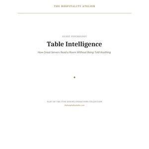 May include: A white document cover titled THE HOSPITALITY ATELIER with the text GUEST PSYCHOLOGY, Table Intelligence, and the subtitle How Great Servers Read a Room Without Being Told Anything, plus PART OF THE FINE DINING OPERATIONS COLLECTION.