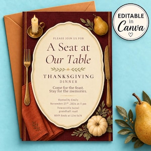 Mall för inbjudan till Thanksgiving-middag, inbjudan till höstmiddagsfest, mall för Friendsgiving-inbjudan, redigerbar Canva-mall