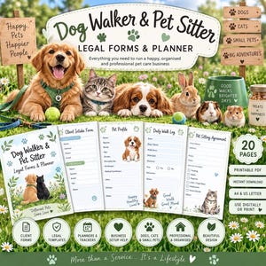 Könnte beinhalten: Ein Set aus rechtlichen Formularen und einem Planer für Hundesitter und Tierbetreuer mit 20 druckbaren Seiten. Das Set enthält ein Kundenaufnahmeformular, Tierprofile, ein tägliches Spaziergangsprotokoll und eine Tierbetreuungsvereinbarung.
