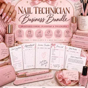 May include: A digital nail technician business bundle featuring printable forms, planners, and trackers. The set includes client consultation forms, appointment planners, income trackers, price lists, stock trackers, and consent forms, all in a pink theme.