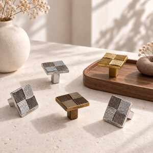Vintage Cabinet Knob, Antique Brass Drawer Pull, Geometric Furniture Hardware, French Style Dresser Handle, Square Accent