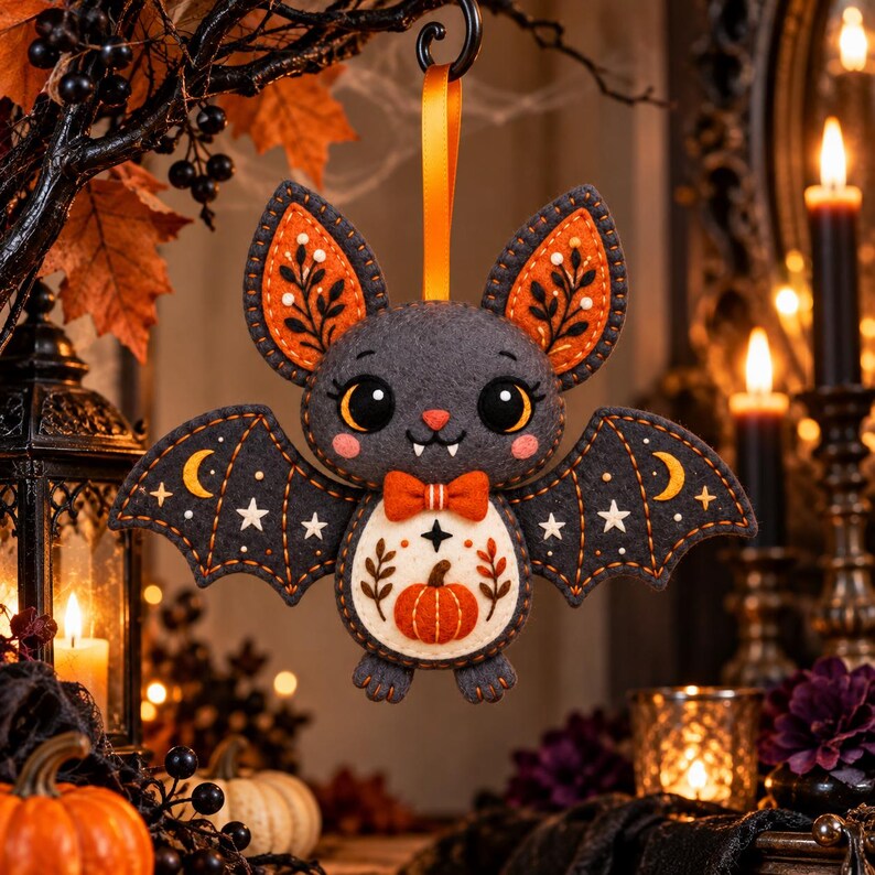 Felt Bat Sewing Pattern PDF, Autumn Botanical Halloween Ornament ...