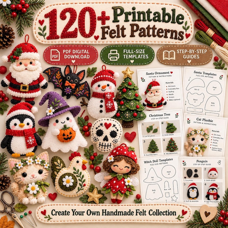 120+ Felt Patterns Mega Bundle PDF, Christmas Ornaments, Halloween