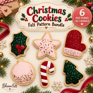 May include: A Christmas Cookies felt pattern bundle featuring six distinct shapes: a holly leaf, a star, a mitten, a round ornament, a candy cane, and a Christmas tree. Each felt piece is decorated with beads and sequins in festive colors.