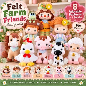 May include: A collection of eight felt dolls and animals including a scarecrow, boy, girl, horse, chicken, pig, cow, and lamb. The image features text reading Felt Farm Friends Mini Bundle, 8 Adorable Patterns in 1 Bundle, and PDF Patterns.