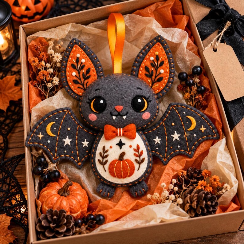 Felt Bat Sewing Pattern PDF, Autumn Botanical Halloween Ornament ...