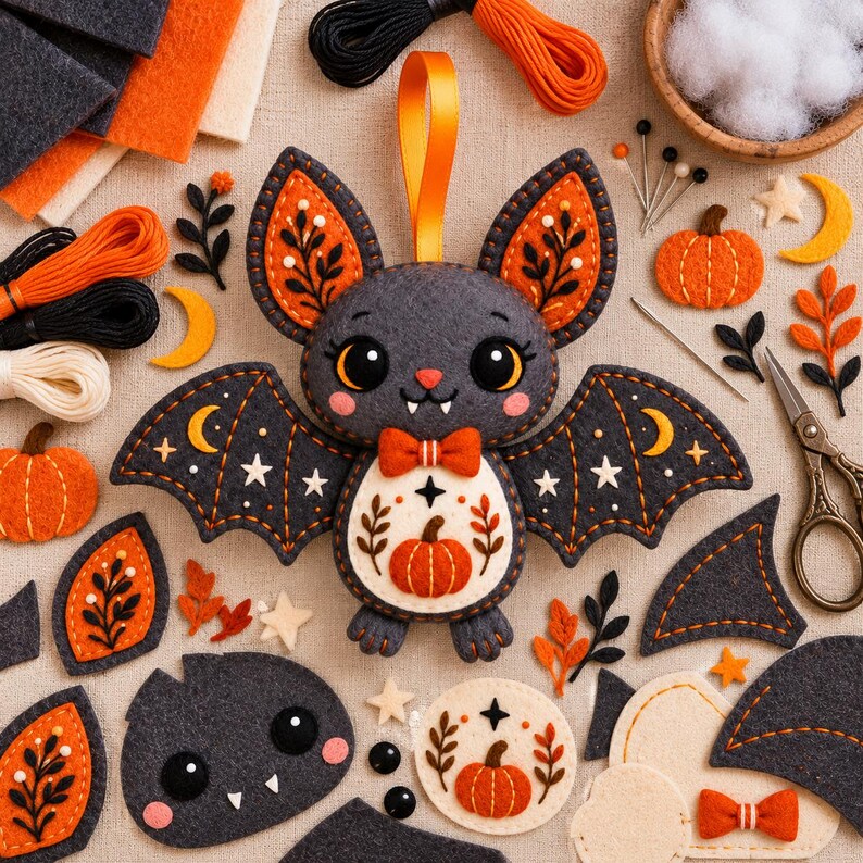 Felt Bat Sewing Pattern PDF, Autumn Botanical Halloween Ornament ...