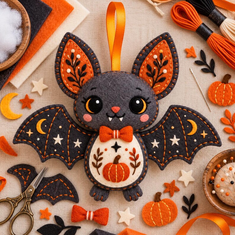 Felt Bat Sewing Pattern PDF, Autumn Botanical Halloween Ornament ...
