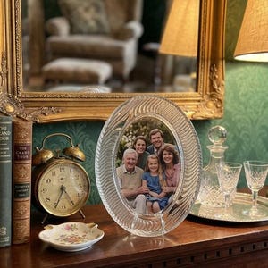 May include: An oval glass picture frame with a textured, swirling pattern around the border, containing a photograph of a family of five. The frame is positioned on a wooden surface alongside antique books, a clock, and glassware.
