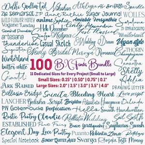 Puede incluir: Una colección digital de 100 fuentes BX con varios estilos de escritura e impresión. El texto dice 100 BX Fonts Bundle, 11 Dedicated Sizes for Every Project (Small to Large), Small Sizes: 0,64 cm | 1,27 cm | 1,91 cm | 0,25 cm, Large Sizes: 5,08 cm | 6,35 cm | 7,62 cm | 8,89 cm | 10,16 cm.