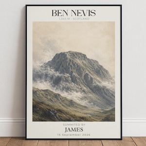 May include: A framed wall art print featuring a mountain landscape of Ben Nevis, Scotland, with the text BEN NEVIS, 1,345 M - SCOTLAND, SUMMITED BY JAMES, and 15 September 2026. The artwork depicts a rocky peak partially obscured by clouds.