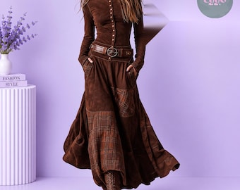 Abito lungo stile boho western a quadri patchwork, con bottoni sul davanti, stile prateria (autunno/inverno)