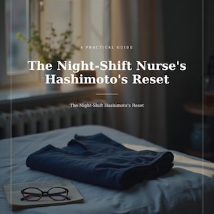 Peut inclure: Une couverture de livre intitulée A Practical Guide The Night-Shift Nurse's Hashimoto's Reset avec le sous-titre The Night-Shift Hashimoto's Reset et l'année 2026. Elle montre un vêtement bleu foncé plié et des lunettes rouges sur un lit blanc.