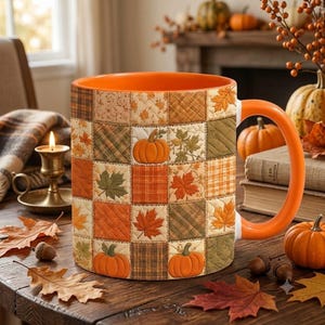 May include: A ceramic mug featuring a quilted patchwork pattern of orange, brown, and green squares. The design includes illustrations of pumpkins and autumn leaves. The mug has a solid orange interior and a matching orange handle.