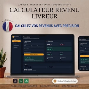 May include: A digital delivery driver revenue calculator tool for Microsoft Excel and Google Sheets. The interface displays session earnings, hourly rates, and historical data on a laptop screen and a smartphone. Includes a PDF user guide.