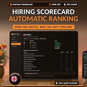 Puede incluir: Un panel digital de puntuación de contratación mostrado en la pantalla de un portátil y un teléfono inteligente. La interfaz muestra clasificaciones, puntuaciones y criterios. El texto incluye Hiring Scorecard Automatic Ranking.