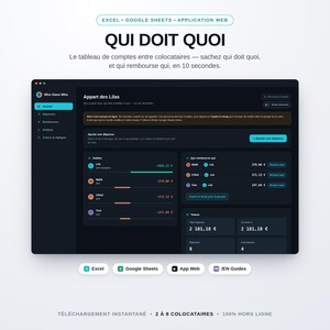 Partage de Dépenses Colocation | Calculateur Excel/Sheets HTML Qui Doit Quoi | Remboursements Simplifiés