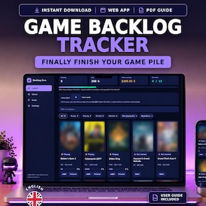 May include: A digital game backlog tracker displayed on a laptop and smartphone screen. The interface features dark mode with purple accents, showing game titles, progress bars, and statistics. Text includes "GAME BACKLOG TRACKER" and "FINALLY FINISH YOUR GAME PILE".