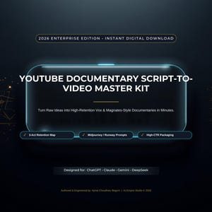 May include: A digital product graphic titled YouTube Documentary Script-to-Video Master Kit 2026 Enterprise Edition. It features a glowing blue rectangular frame, text detailing features like 3-Act Retention Map, Midjourney/Runway Prompts, and High-CTR Packaging, designed for ChatGPT, Claude, Gemini, and DeepSeek.