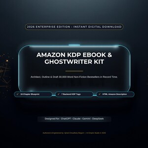 May include: A digital product graphic titled Amazon KDP Ebook & Ghostwriter Kit 2026 Enterprise Edition. It features a glowing blue rectangular frame, text about drafting 30,000-word books, and lists 10-Chapter Blueprint, 7 Backend KDP Tags, and HTML Amazon Description.