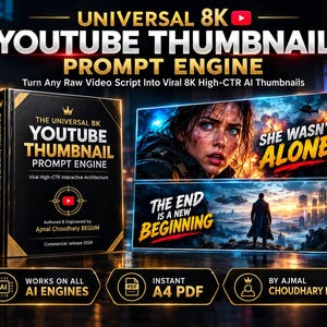 Puede incluir: Un libro negro titulado Universal 8K YouTube Thumbnail Prompt Engine de Ajmal Choudhary Begum, junto a dos ejemplos de miniaturas digitales con el texto She Wasn't Alone y The End Is A New Beginning, con iconos para motores de IA y PDF.