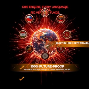 May include: A graphic featuring a central glowing Earth surrounded by circular icons of various national flags, with red light rays emanating outward. Text includes ONE ENGINE. EVERY LANGUAGE. NO VERSION FLAGS. BUILT-IN HIGH-CLTR FRAMING. 100% FUTURE-PROOF.