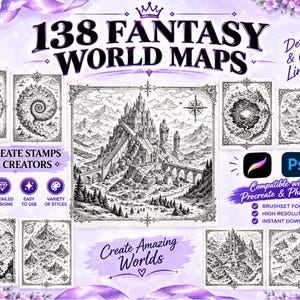 May include: A digital collection of 138 fantasy world map stamps featuring detailed black and white line art. The set includes various landscapes, castles, and compass designs compatible with Procreate and Photoshop for digital illustration projects.