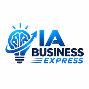 Peut inclure: Un logo représentant une ampoule en dégradé de bleu avec un cerveau stylisé à l'intérieur et une flèche pointant vers le haut. À droite, le texte IA BUSINESS EXPRESS est affiché en lettres capitales bleu foncé avec des lignes de mouvement.