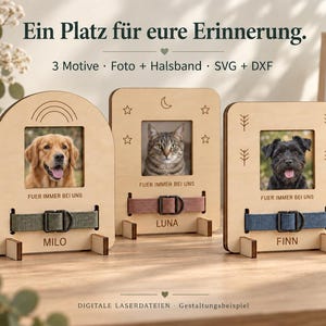 Könnte beinhalten: Drei helle Holzrahmen als Tiergedenktafeln mit bogenförmigen oder rechteckigen Oberseiten. Jeder Rahmen enthält ein Foto, trägt den Text "FUER IMMER BEI UNS" und zeigt ein Halsband. Die Namen "MILO", "LUNA" und "FINN" sind unten eingraviert.