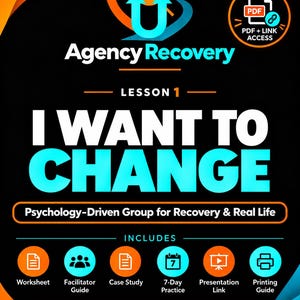 May include: A black digital document cover titled Agency Recovery Lesson 1 I Want To Change. It features a blue and orange logo, a PDF plus link access icon, and six circular icons for worksheet, facilitator guide, case study, 7-day practice, presentation link, and printing guide.