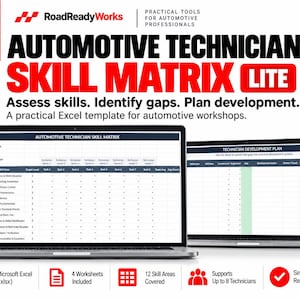 May include: An automotive technician skill matrix Excel template displayed on two laptop screens. The text reads RoadReadyWorks, Automotive Technician Skill Matrix Lite, Assess skills. Identify gaps. Plan development. A practical Excel template for automotive workshops.