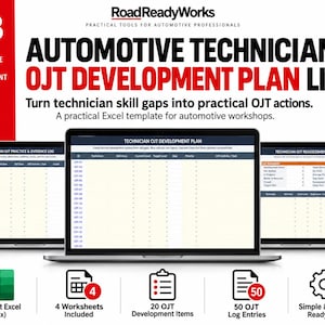 May include: RoadReadyWorks Automotive Technician OJT Development Plan Lite template for Excel. Includes 4 worksheets, 20 OJT development items, and 50 OJT log entries. Displays three laptop screens showing the technician development plan, practice and evidence log, and reassessment and close-out dashboard.