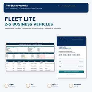 Op de afbeelding: RoadReadyWorks Fleet Lite digitaal product voor 2-5 bedrijfsauto's, inclusief een Excel-dashboard en een printbaar operationeel pakket van 22 pagina's. Bevat tracking voor onderhoud, chauffeurs, inspecties, brandstof, incidenten en downtime.