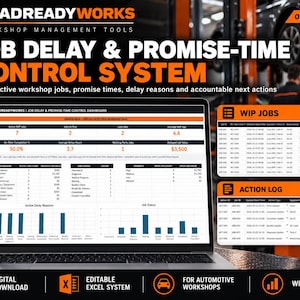 Op de afbeelding: Een digitaal RoadReadyWorks Job Delay & Promise-Time Control System weergegeven op een laptopscherm. Het dashboard bevat tabellen en staafdiagrammen voor het bijhouden van werkplaatsopdrachten, vertragingen en actielogboeken.