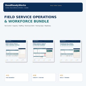 May include: A digital bundle titled RoadReadyWorks Field Service Operations & Workforce Bundle, featuring three Excel systems: Mobile Service Vehicle Tool Control System, Mobile Service Capacity & Staffing Planner, and Technician Skill Matrix & Training Gap Planner.