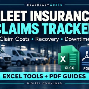May include: A digital download titled Fleet Insurance Claims Tracker by RoadReadyWorks. The graphic features white and cyan text, icons for XLSX and PDF files, and a background showing a fleet of white vans in a warehouse setting.