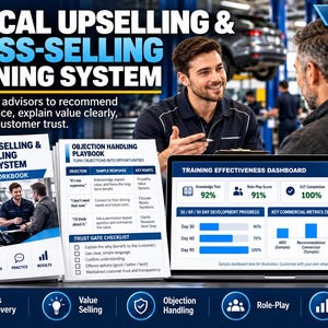 Puede incluir: Un sistema de formación en ventas adicionales y cruzadas éticas que incluye un manual para el participante, un manual de manejo de objeciones y un portátil con un panel de control de eficacia de la formación.