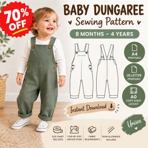 May include: A digital sewing pattern for baby dungarees, sized for 8 months to 4 years. The image displays a child wearing olive green dungarees, a technical line drawing of the garment, and icons for A4, US Letter, and A0 printable formats.