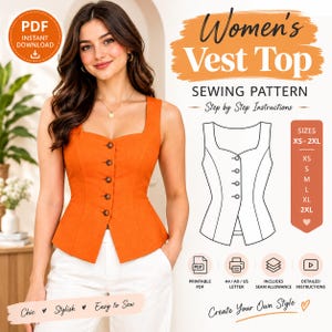 Könnte beinhalten: Ein digitales Schnittmuster für ein ärmelloses Westentop mit quadratischem Ausschnitt und fünf Knöpfen vorne. Die Grafik enthält den Text Women's Vest Top, Sewing Pattern, Step by Step Instructions und den Größenbereich XS-2XL mit PDF-Symbolen.