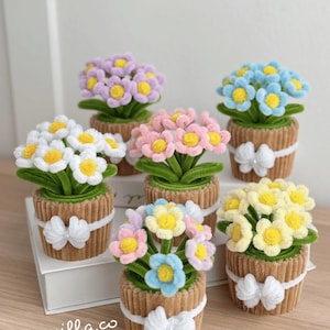 Handmade Mini Chenille Flower Pot, Faux Tulips Daisies Carnations, 5 Inch No-Water Desk Decor, Gift for Her