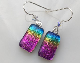 Dichroic Rainbow Earrings, Fused Glass Jewelry, Rainbow Dichroic Glass Earrings