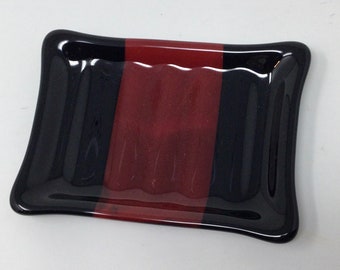 Red Black Fused Glass Soap Dish, Art Glass Sponge Holder, Handmade Bath Decor