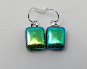 Green Dichroic Earrings, Fused Glass Jewelry, Blue Green Earrings with Argentium Silver French Hooks