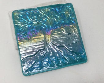 Fused Glass Tree of Life Trivet, Iridescent Turquoise Tree of Life Art Glass Trivet