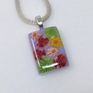 Red Rose Millefiori Pendant, Fused Glass Jewelry, Floral Garden Necklace