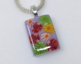 Red Rose Millefiori Pendant, Fused Glass Jewelry, Floral Garden Necklace