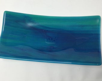 Blue Turquoise Art Glass Tray, Fused Glass Dish, Decorative Serving Tray