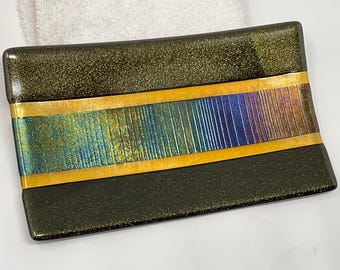Bronze Gold Iridescent Tray, Fused Glass Tray, Iridized Aventurine Bronze Dish