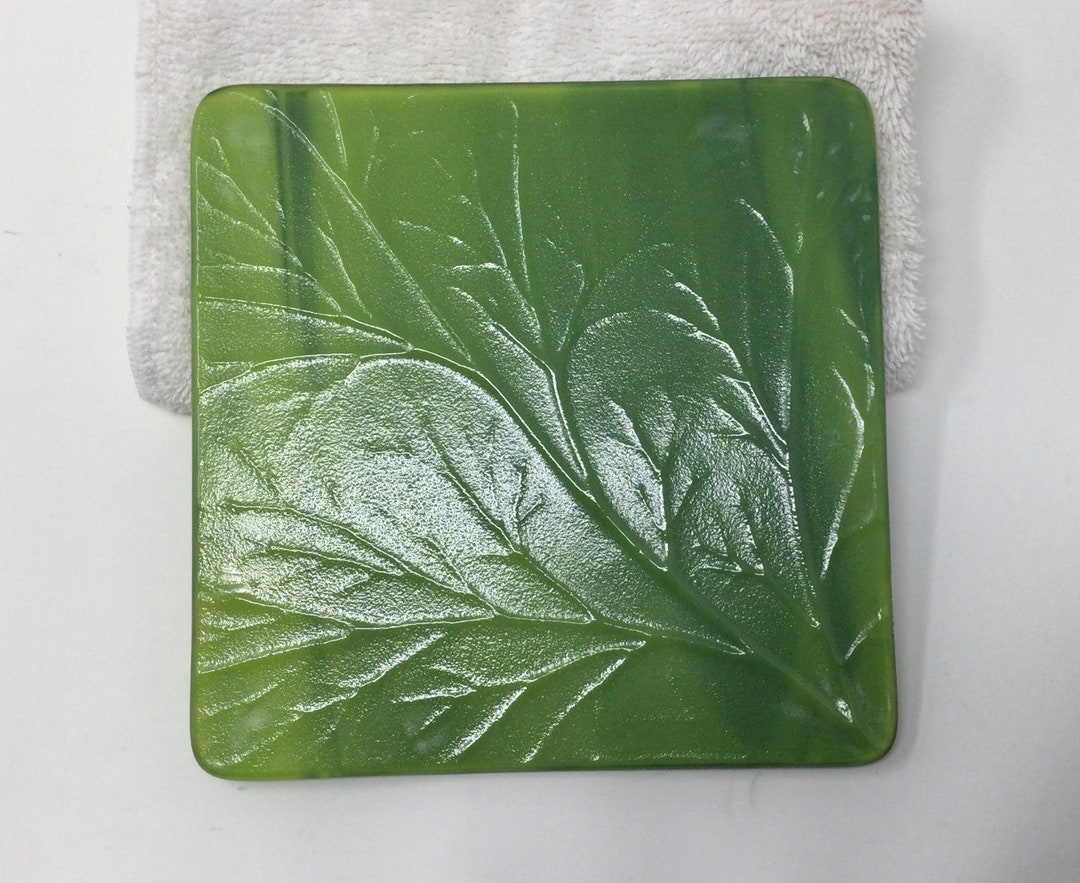Fused Glass Trivet, Leaf Textured Art Glass Trivet, Forest Green Leaf